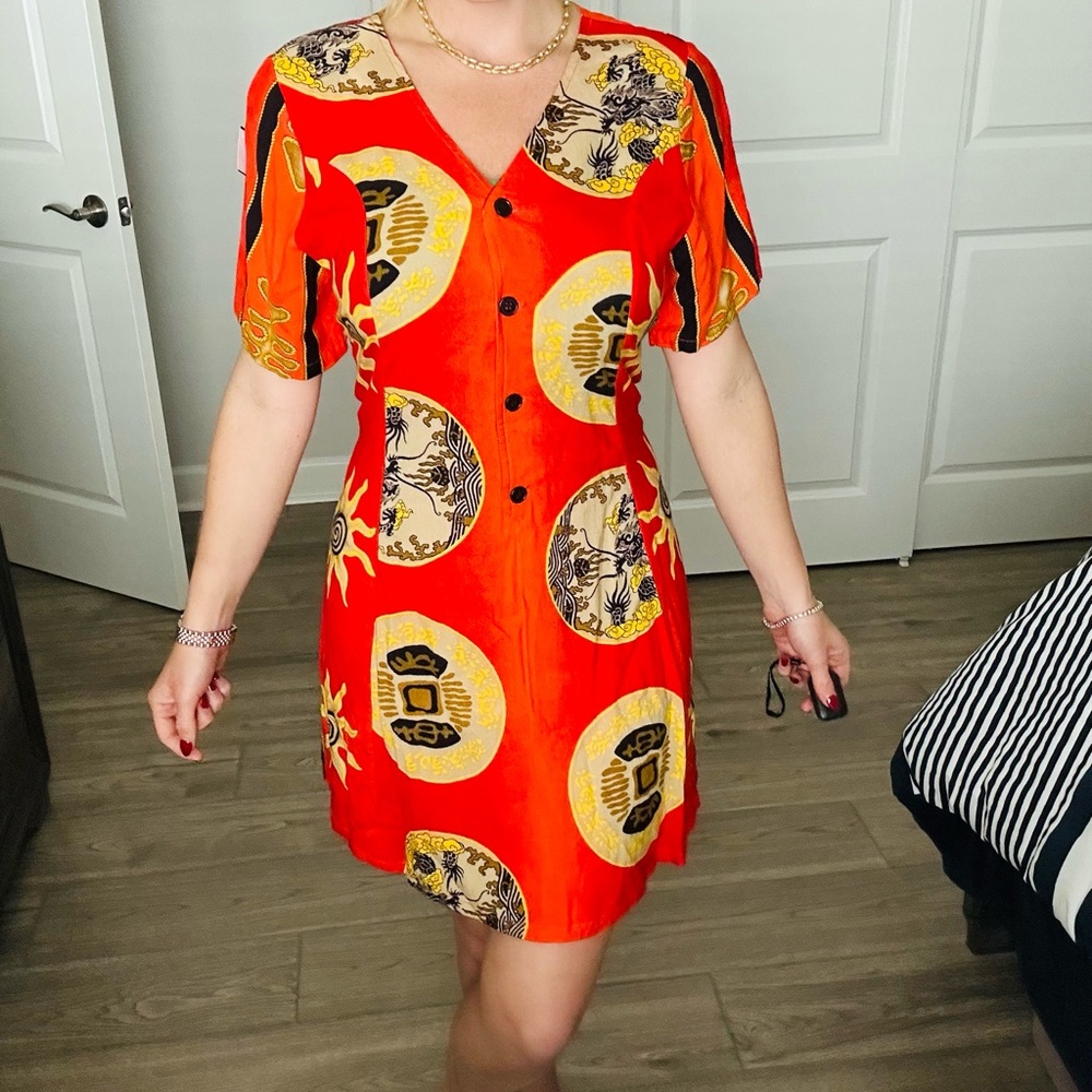 Chic Red Patterned Mini Dress - image 2